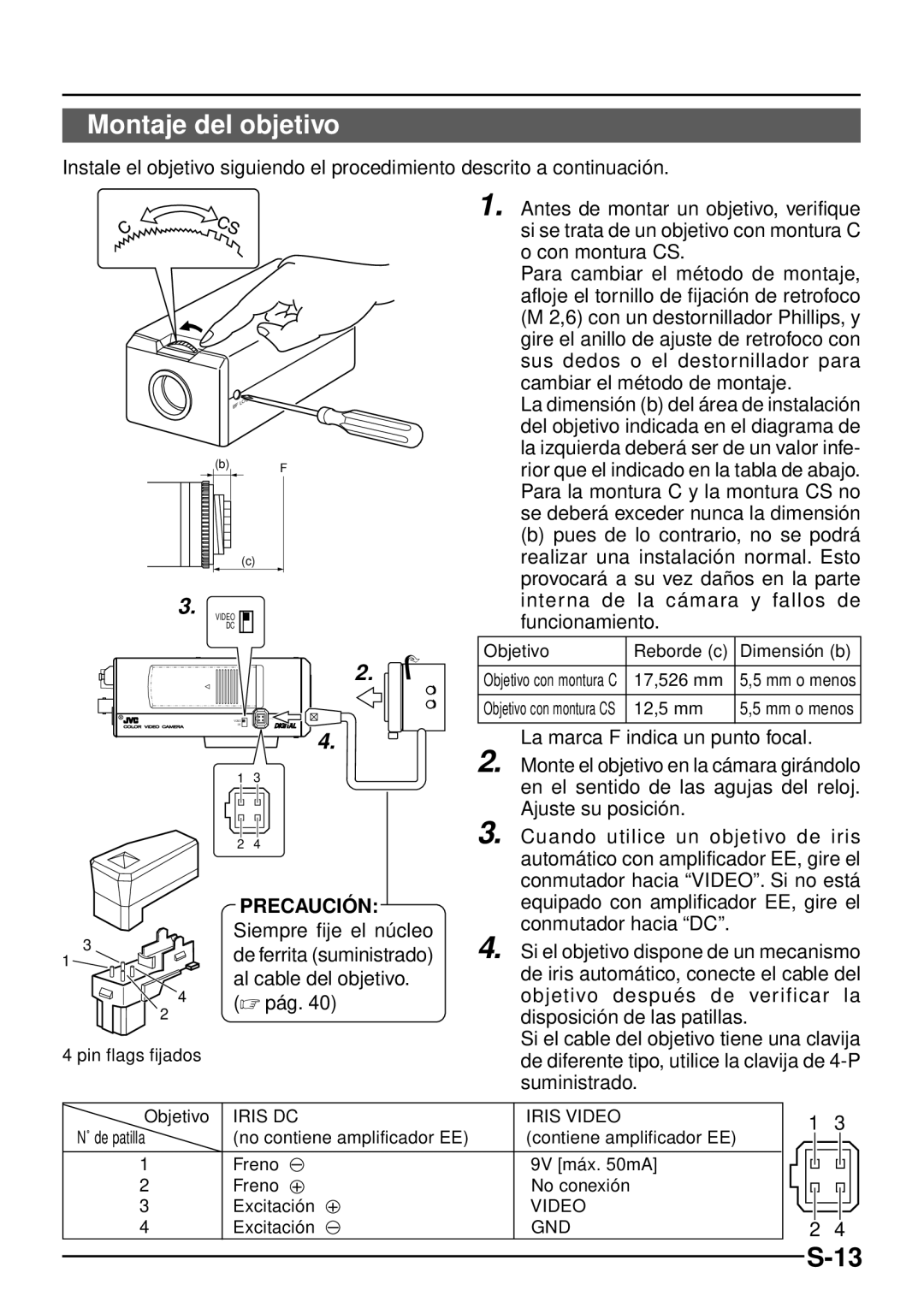 JVC TK-C1460 manual Montaje del objetivo, La marca F indica un punto focal, Siempre fije el núcleo, Al cable del objetivo 