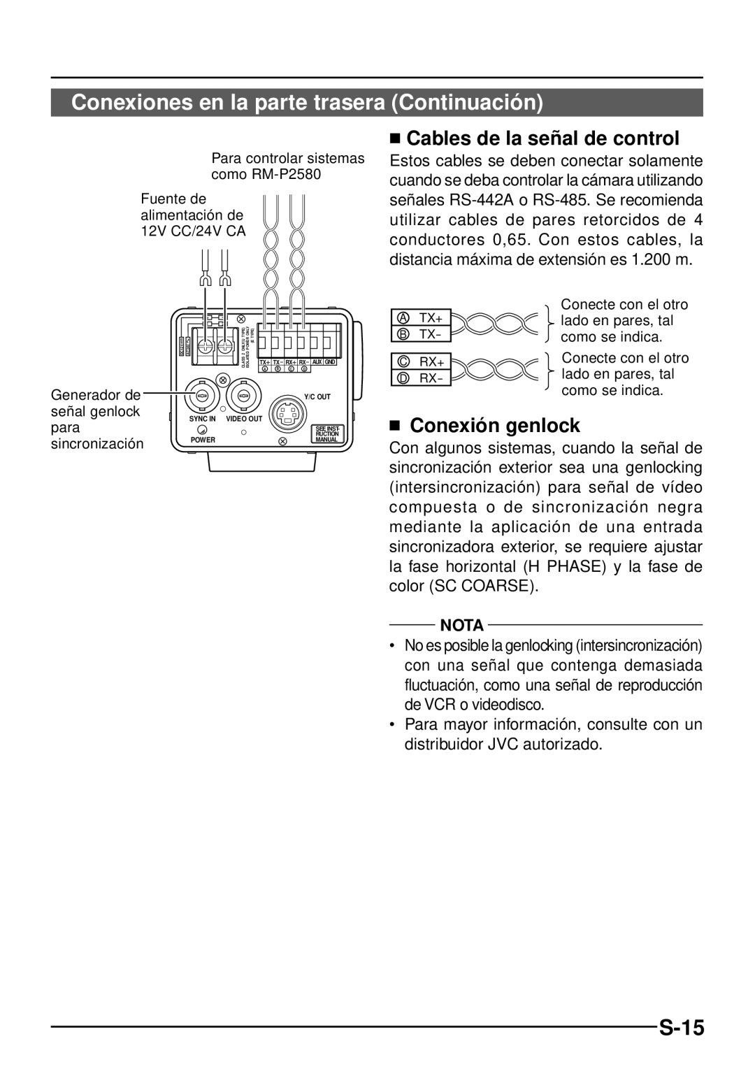 JVC TK-C1460 manual Conexiones en la parte trasera Continuació n,  Cables de la señ al de control,  Conexió n genlock 