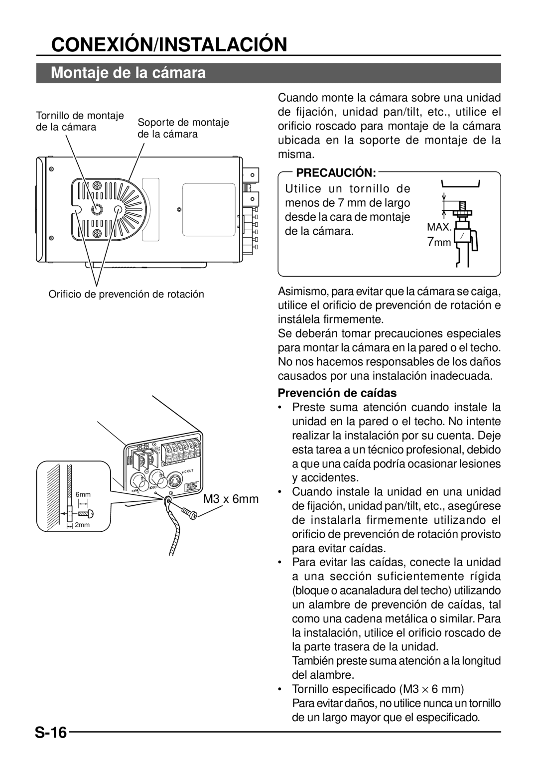 JVC TK-C1460 manual Montaje de la cá mara, De la cámara, Prevenció n de caídas, Tornillo especificado M3 ⋅ 6 mm 