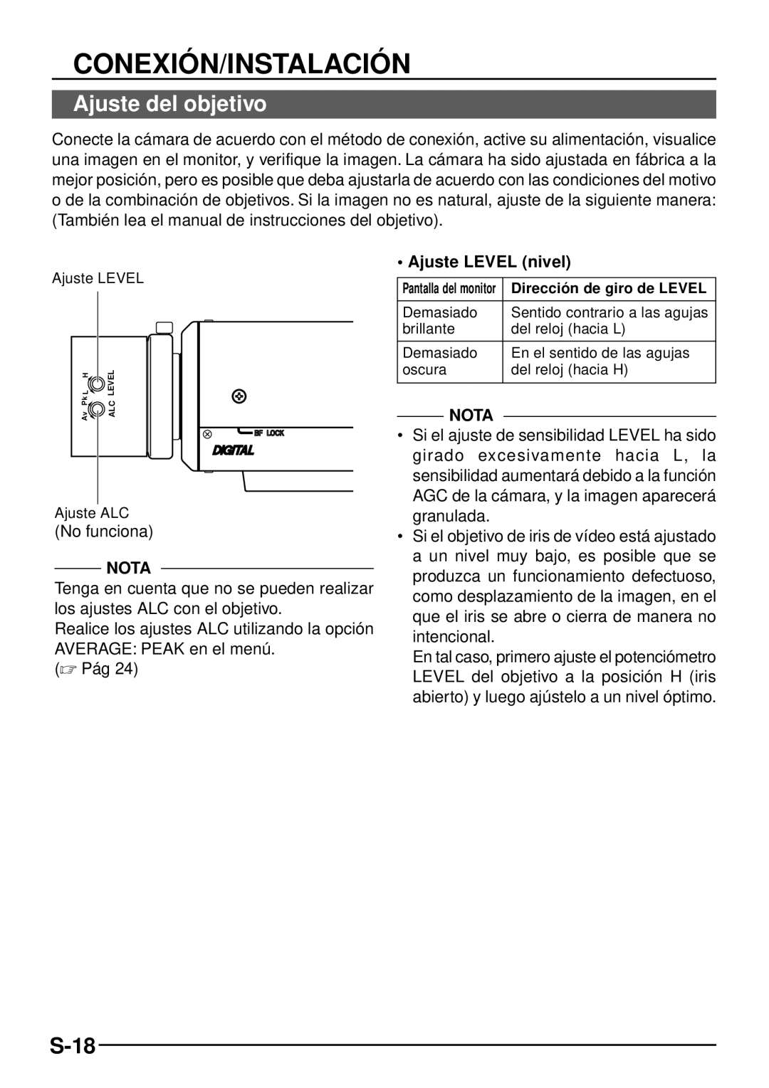 JVC TK-C1460 manual Ajuste del objetivo, No funciona, Ajuste Level nivel, Ajuste ALC 