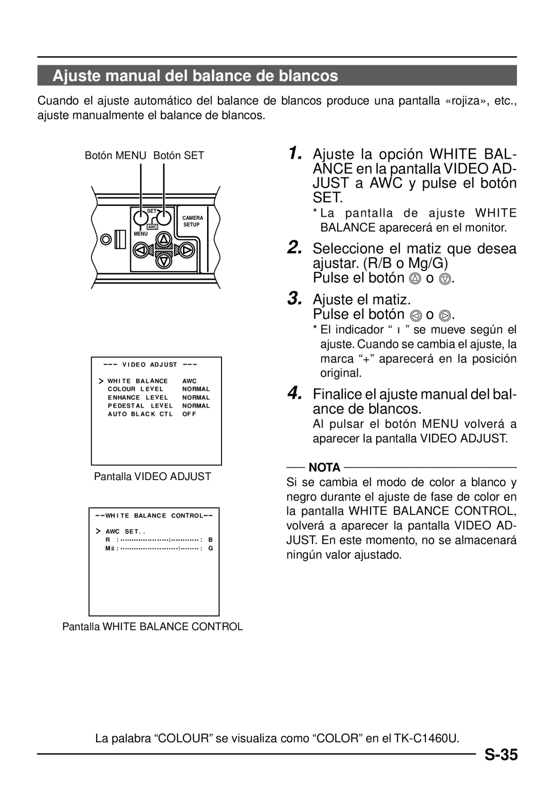 JVC TK-C1460 Ajuste manual del balance de blancos, La pantalla de ajuste White Balance aparecerá en el monitor 