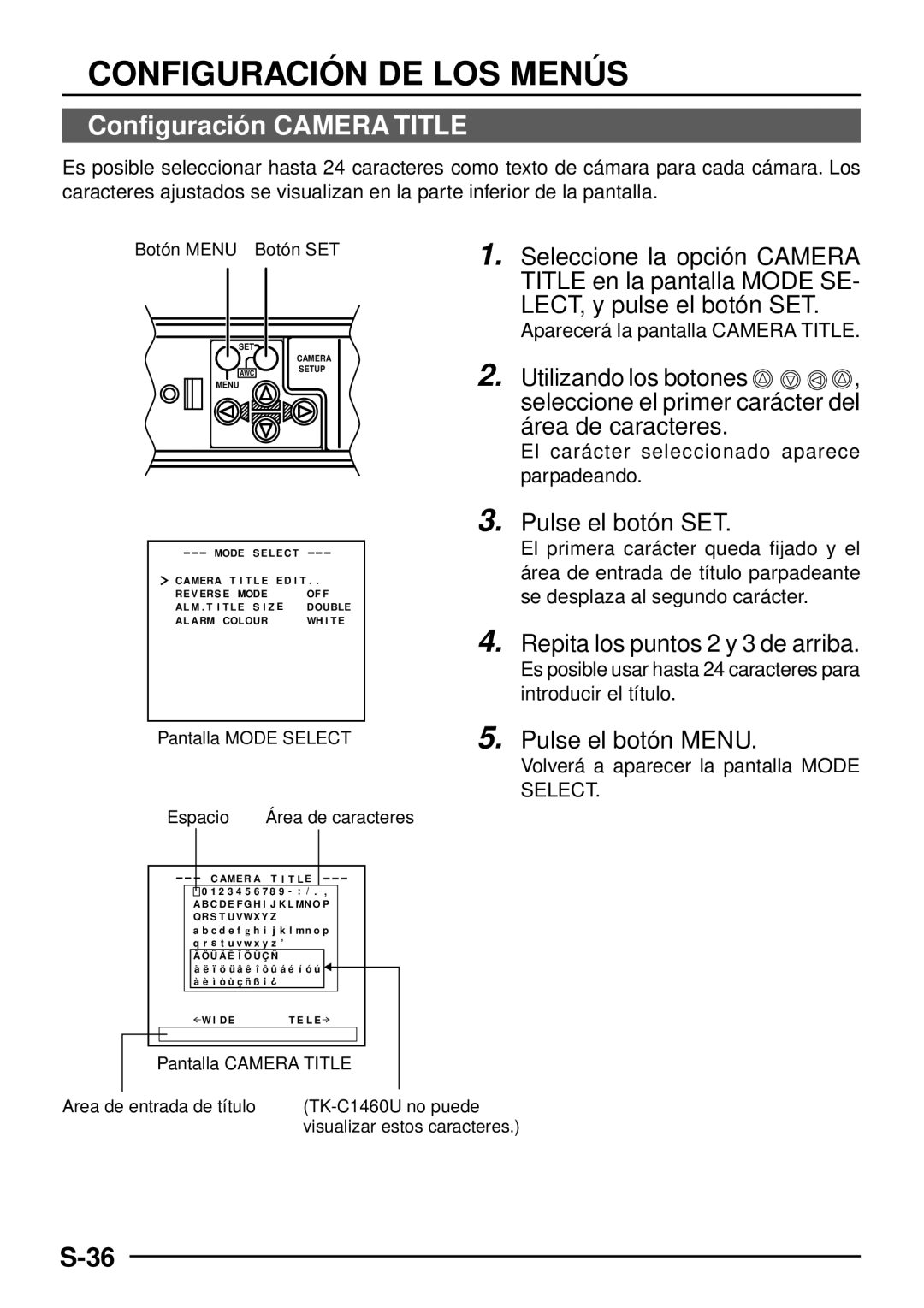 JVC TK-C1460 Configuració n Camera Title, Aparecerá la pantalla Camera Title, Volverá a aparecer la pantalla Mode, Select 