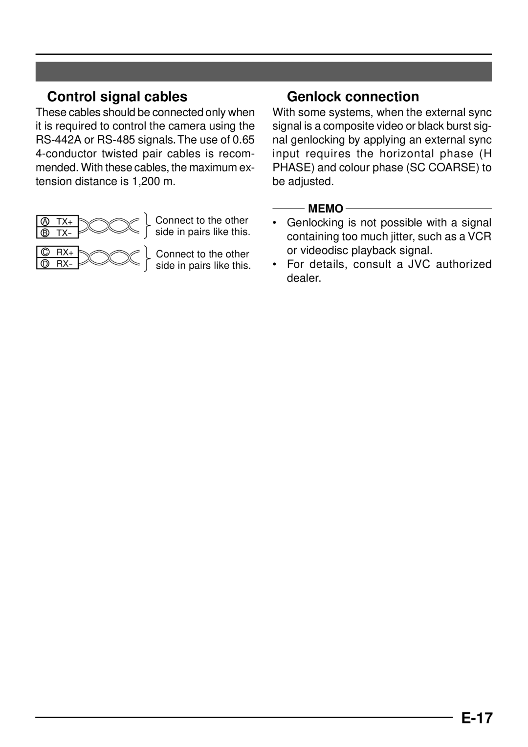 JVC TK-C1460 manual  Control signal cables,  Genlock connection, Connect to the other, Side in pairs like this 