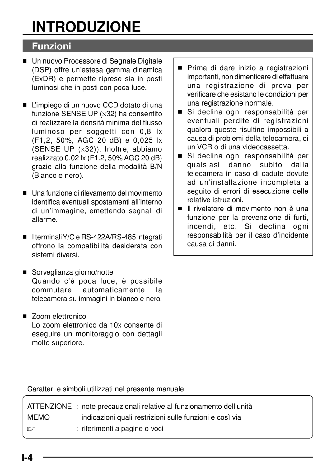 JVC TK-C1460 Introduzione, Funzioni,  riferimenti a pagine o voci, Indicazioni quali restrizioni sulle funzioni e cosìvia 