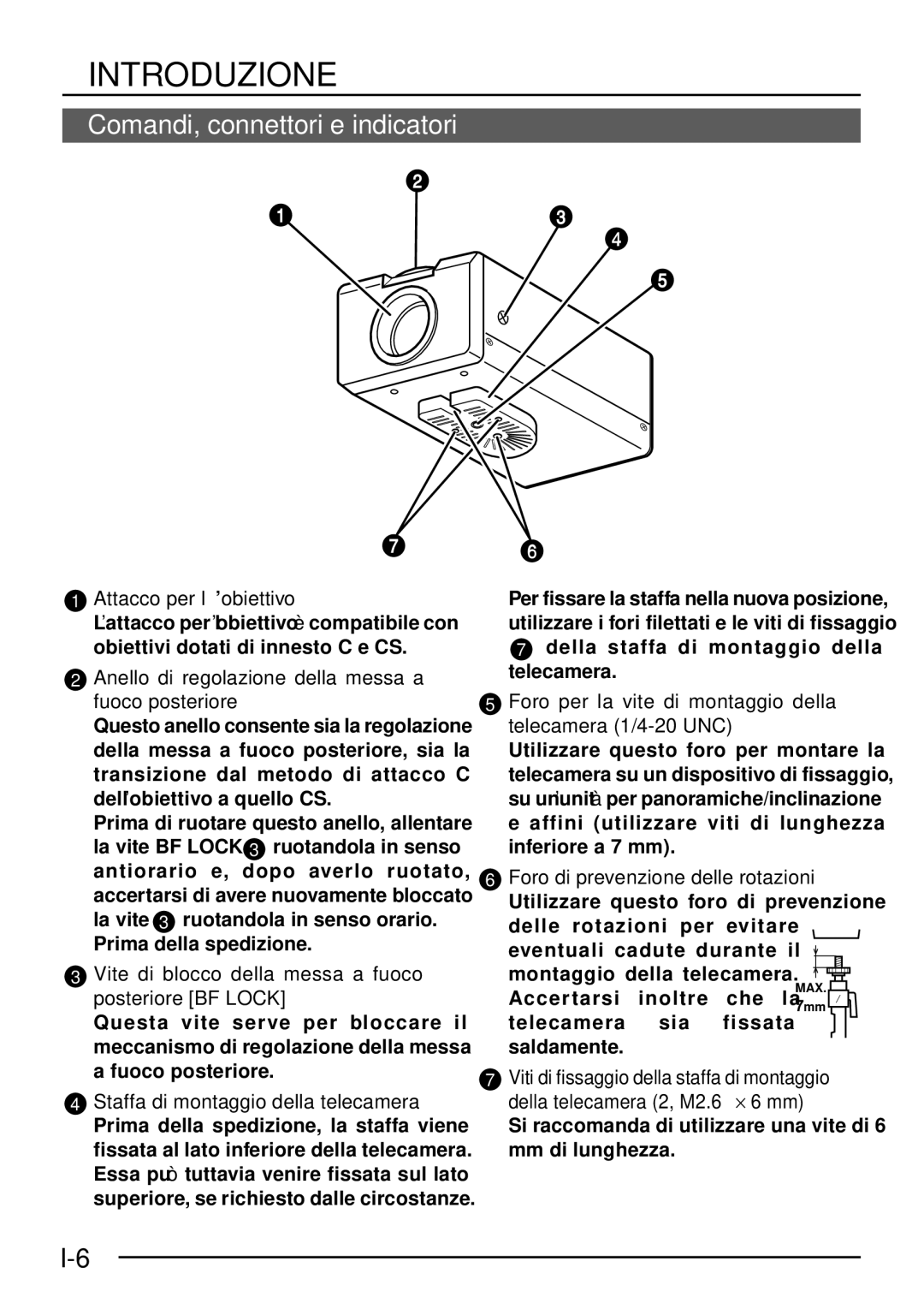 JVC TK-C1460 manual Comandi, connettori e indicatori, Attacco per l’obiettivo 