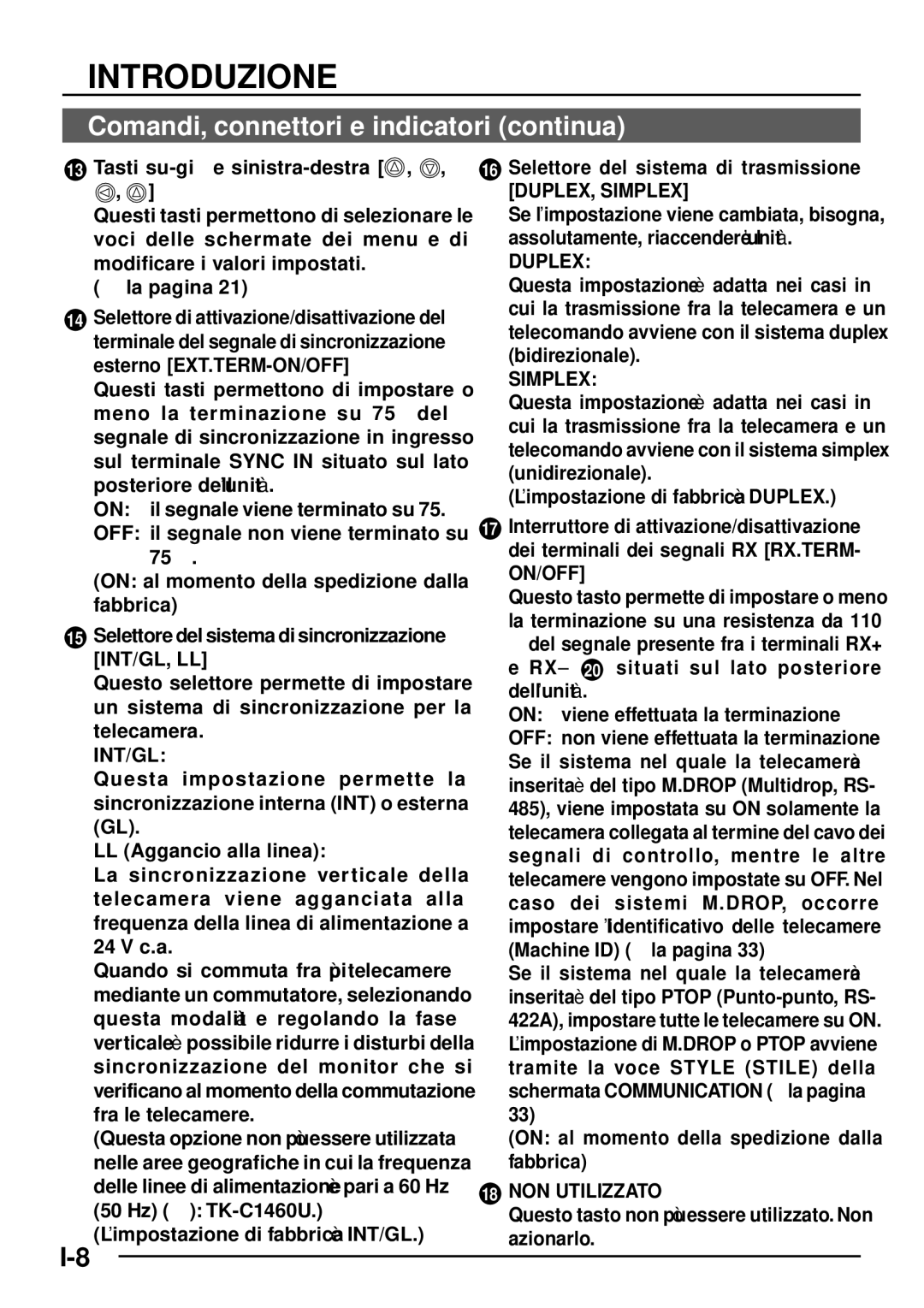 JVC TK-C1460 Tasti su-giù e sinistra-destra, Selettore del sistema di sincronizzazione INT/GL, LL, LL Aggancio alla linea 