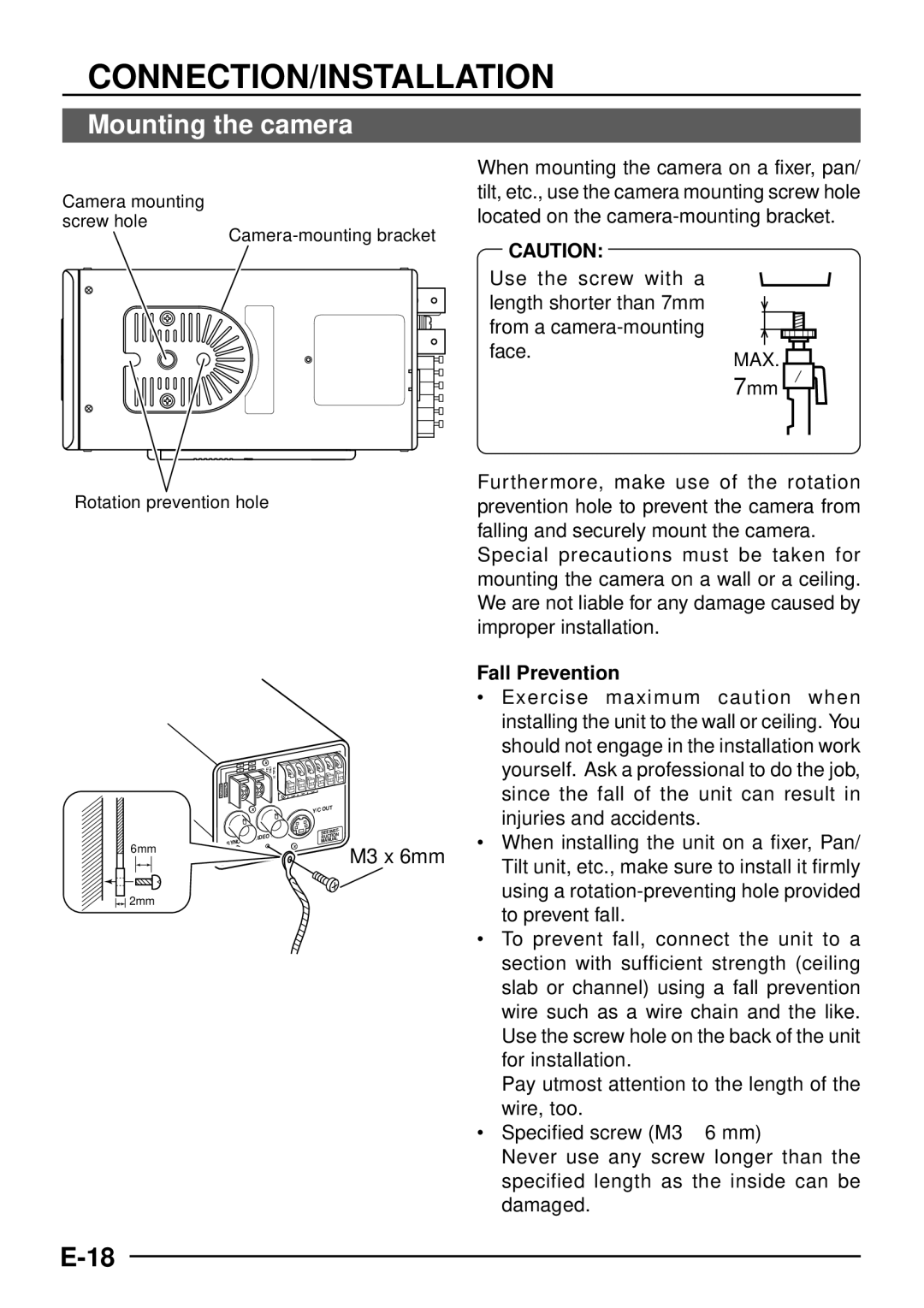 JVC TK-C1460 manual Mounting the camera, M3 x 6mm, Fall Prevention, Specified screw M3 ⋅ 6 mm 