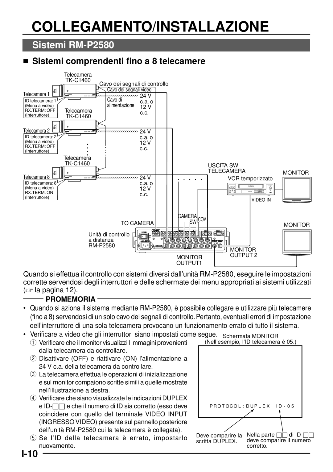 JVC TK-C1460 manual Collegamento/Installazione, Sistemi RM-P2580,  Sistemi comprendenti fino a 8 telecamere 
