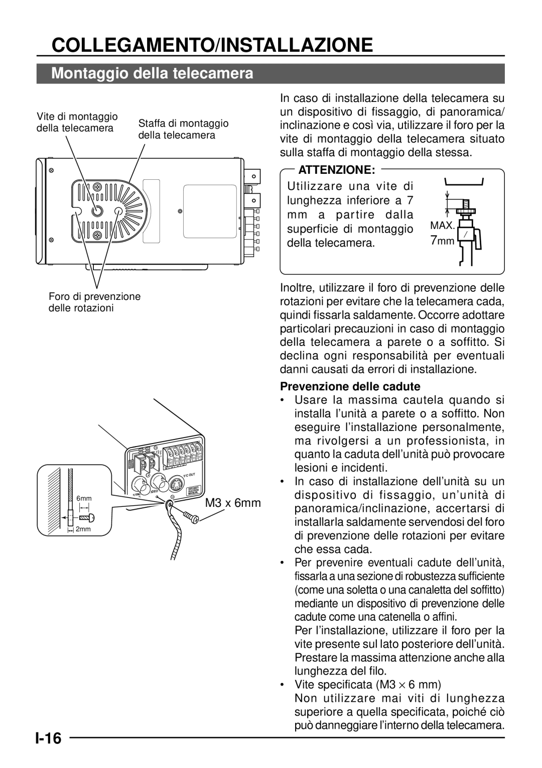 JVC TK-C1460 Montaggio della telecamera, Superficie di montaggio, Prevenzione delle cadute, Vite specificata M3 ⋅ 6 mm 
