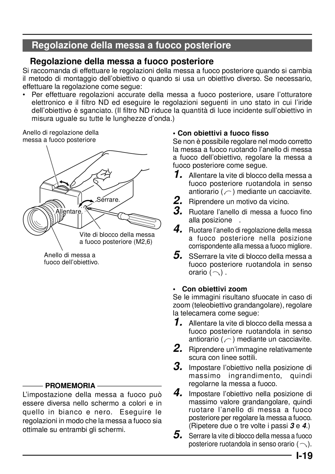 JVC TK-C1460 manual  Regolazione della messa a fuoco posteriore, Con obiettivi a fuoco fisso, Con obiettivi zoom 