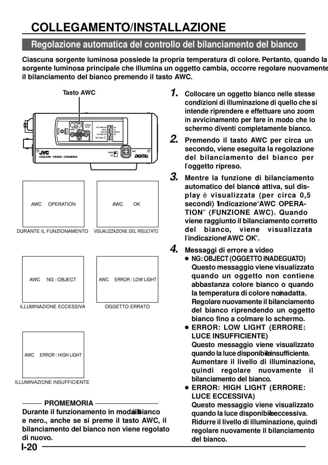 JVC TK-C1460 manual Error LOW Light Errore Luce Insufficiente, Tasto AWC 