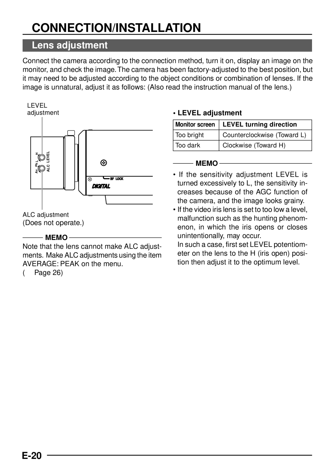 JVC TK-C1460 manual Lens adjustment, Does not operate, Level adjustment, Level turning direction 