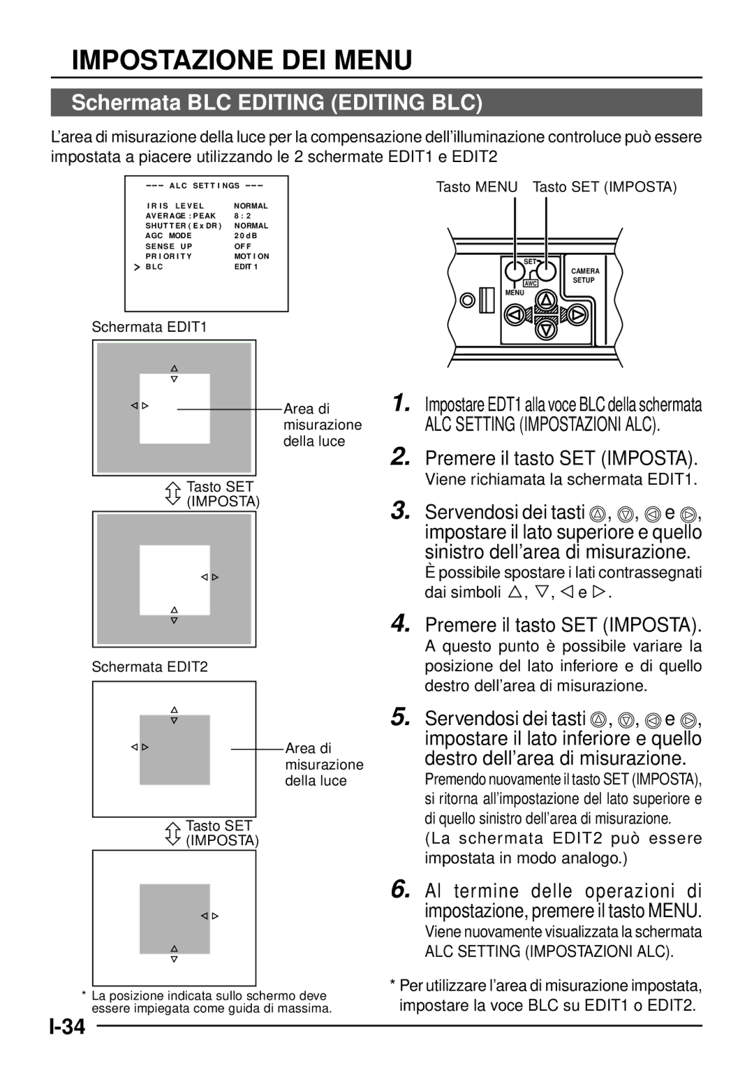 JVC TK-C1460 manual Schermata BLC Editing Editing BLC, ALC Setting Impostazioni ALC 