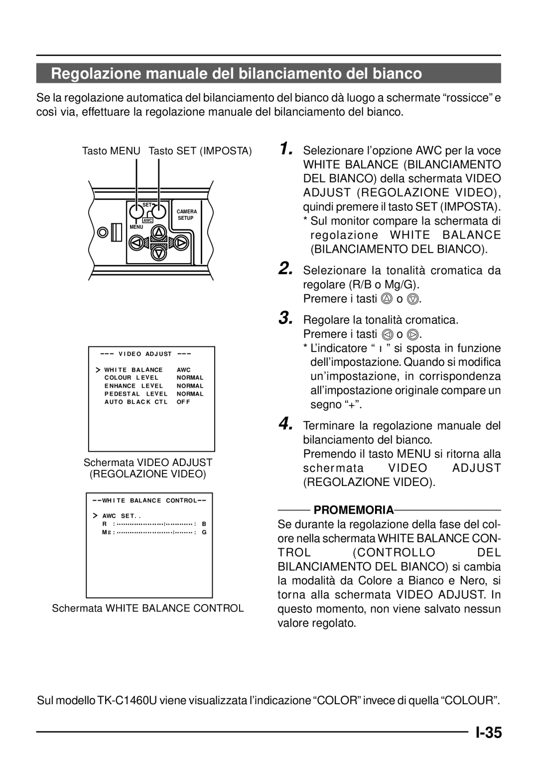 JVC TK-C1460 Regolazione manuale del bilanciamento del bianco, Selezionare l’opzione AWC per la voce 