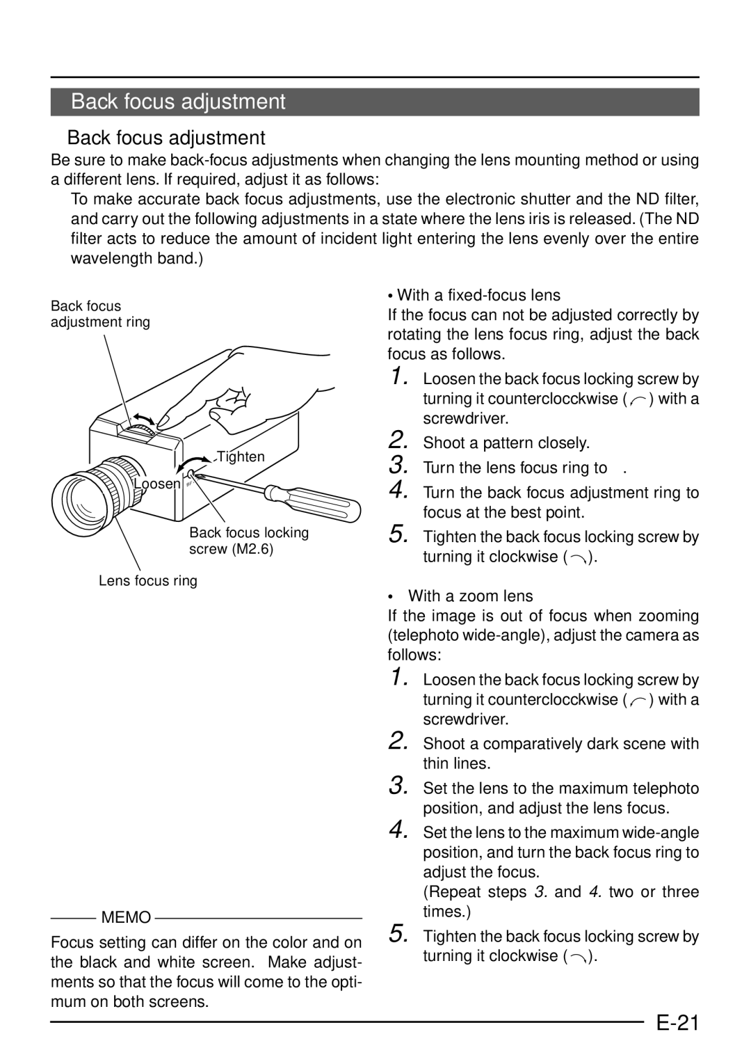 JVC TK-C1460 manual  Back focus adjustment, With a fixed-focus lens, With a zoom lens 