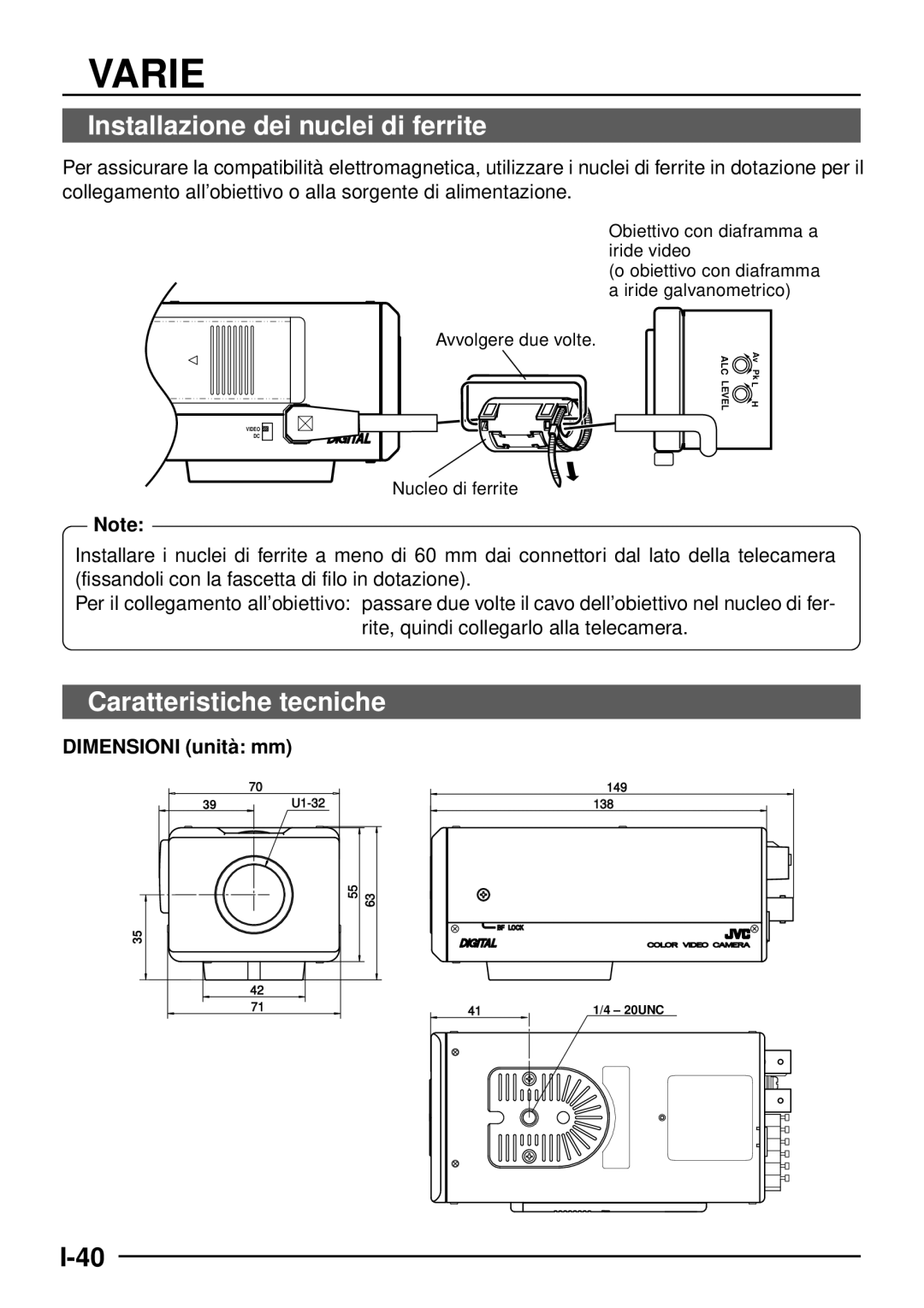 JVC TK-C1460 Varie, Installazione dei nuclei di ferrite, Caratteristiche tecniche, Dimensioni unità mm, Nucleo di ferrite 