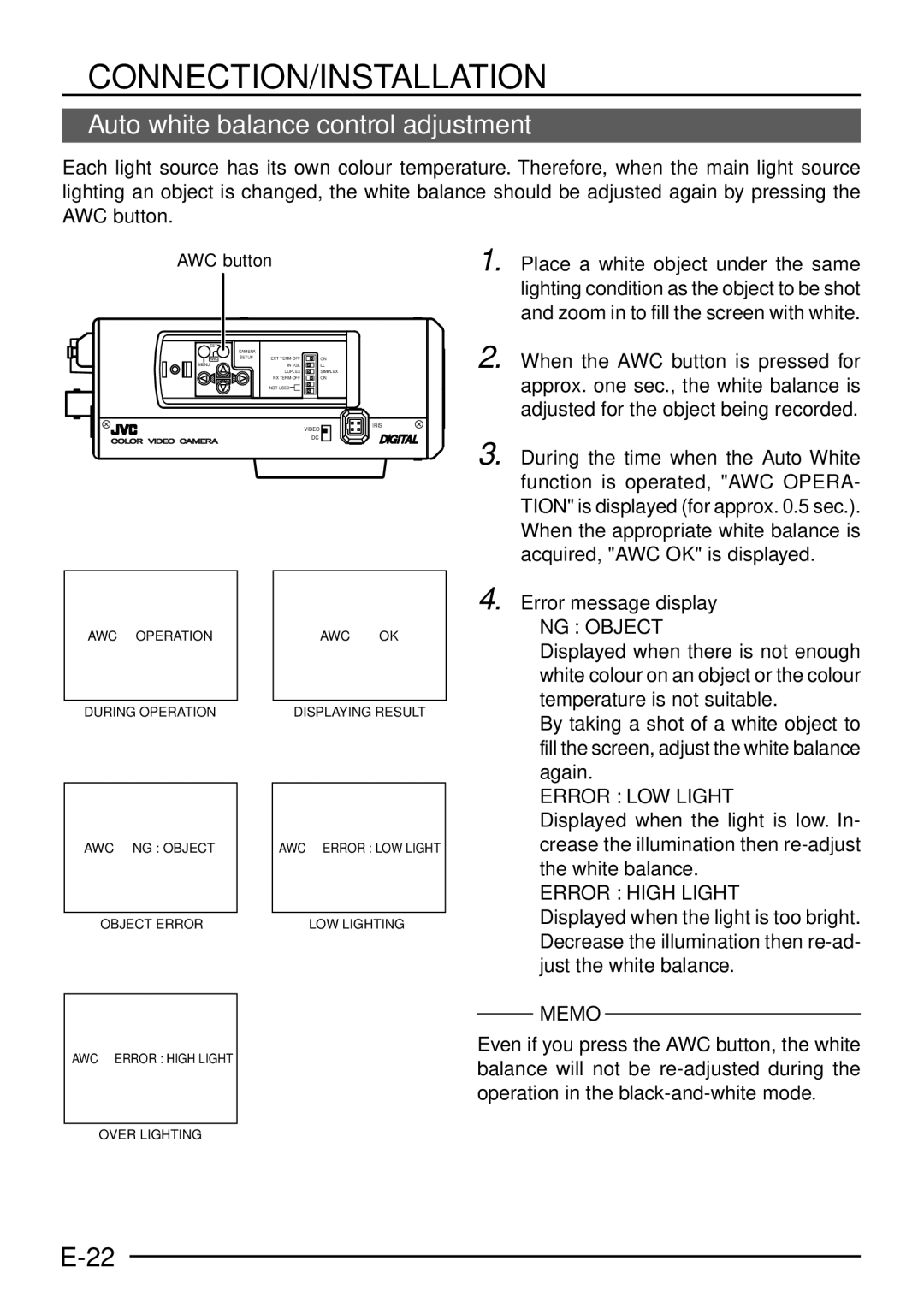 JVC TK-C1460 manual Auto white balance control adjustment, Error message display, AWC button 