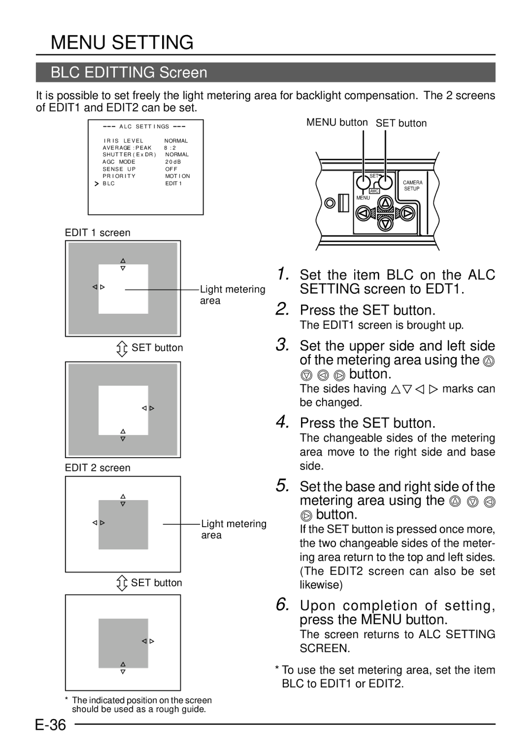 JVC TK-C1460 manual BLC Editting Screen, EDIT1 screen is brought up, Sides having marks can be changed 