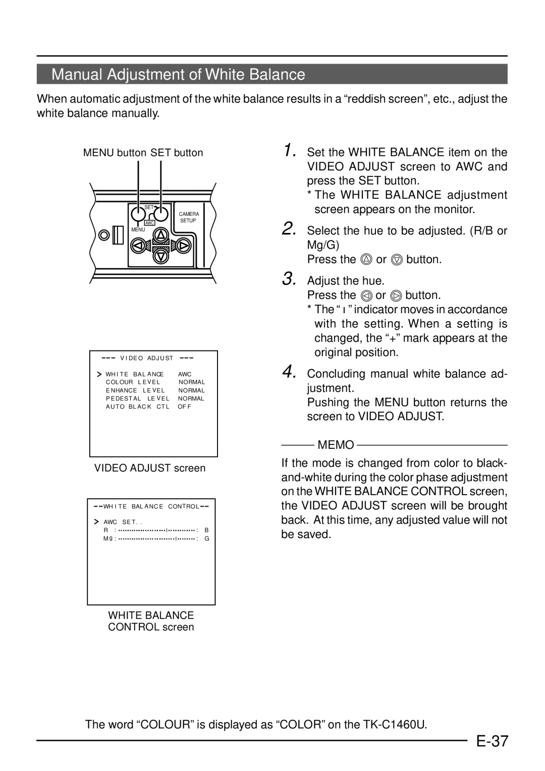 JVC TK-C1460 manual Manual Adjustment of White Balance, Video Adjust screen, Control screen 