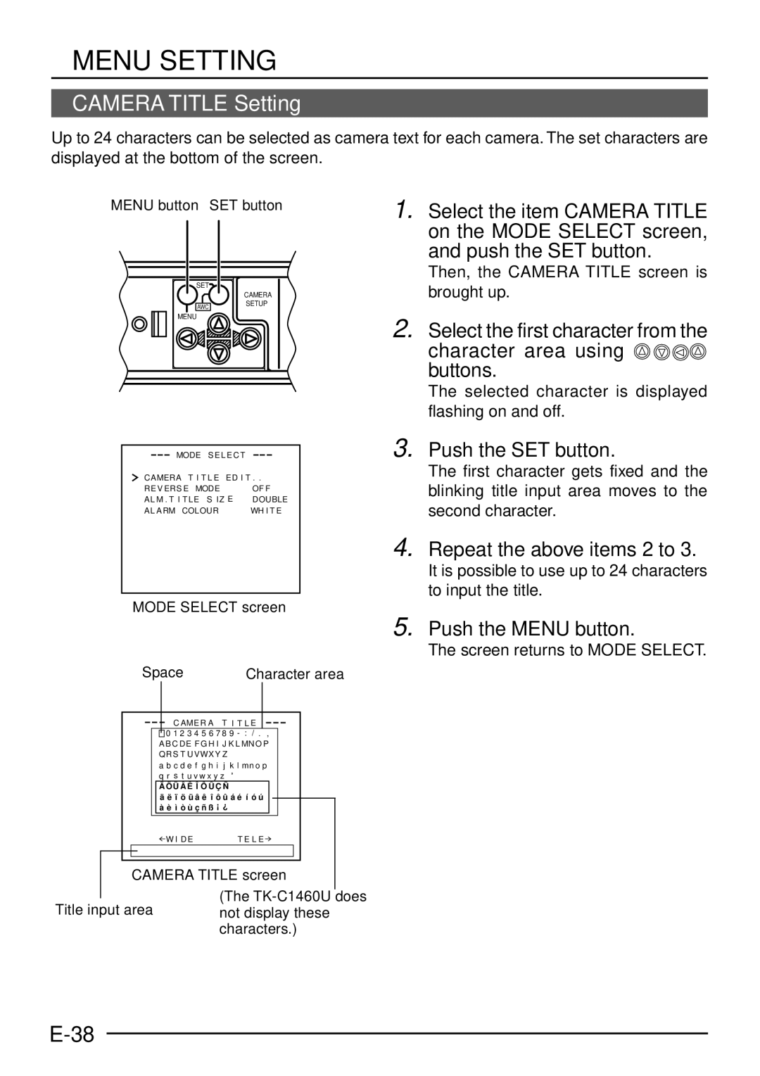 JVC TK-C1460 manual Camera Title Setting, Then, the Camera Title screen is brought up, Screen returns to Mode Select 