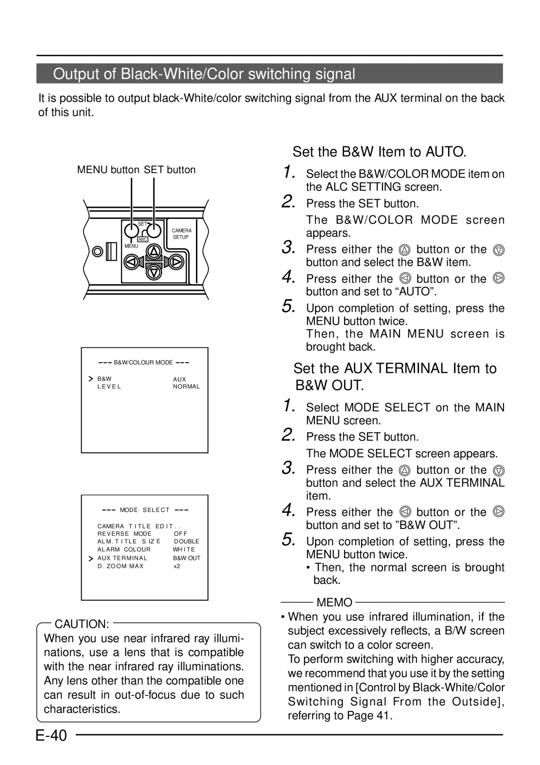 JVC TK-C1460 manual Output of Black-White/Color switching signal,  Set the B&W Item to Auto 