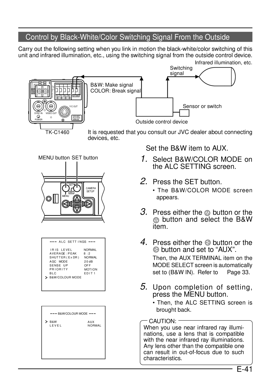 JVC TK-C1460 manual  Set the B&W item to AUX, B&W/COLOR Mode screen appears 