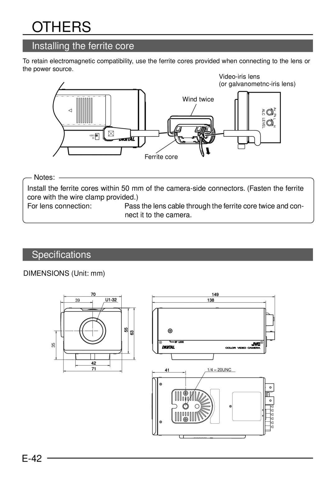 JVC TK-C1460 manual Others, Installing the ferrite core, Specifications, Dimensions Unit mm 