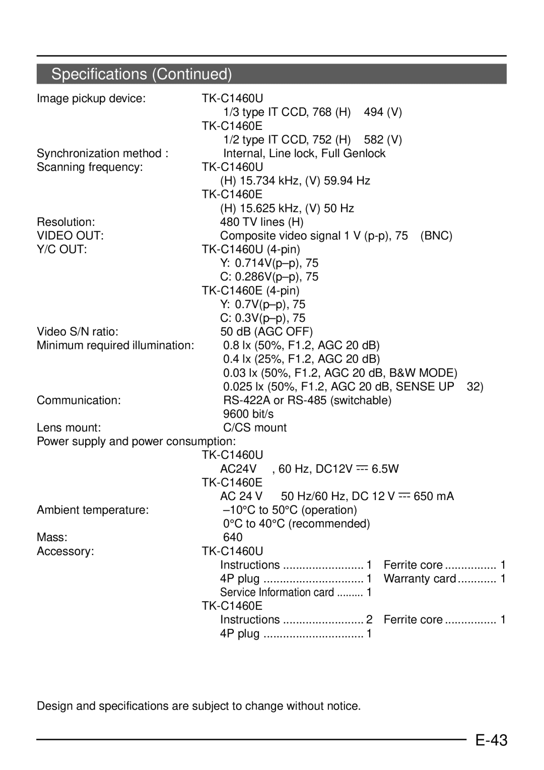 JVC manual Video OUT, Composite video signal 1 V p-p, 75Ω BNC, Out, 4P plug, TK-C1460E Instructions 