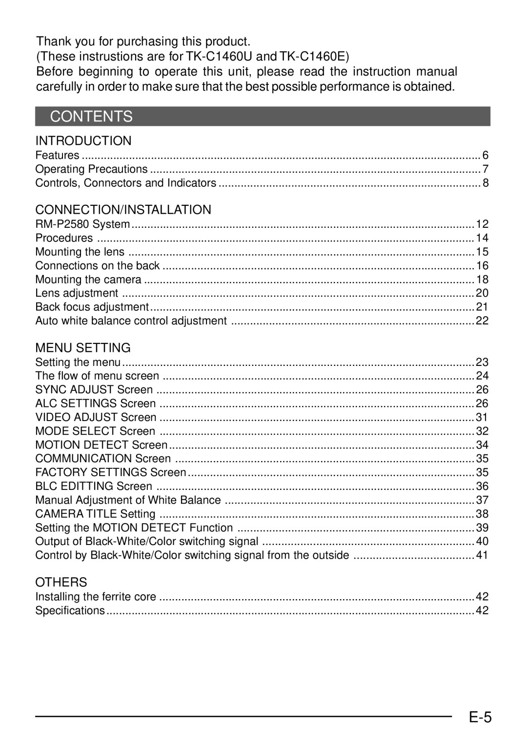 JVC TK-C1460 manual Contents 