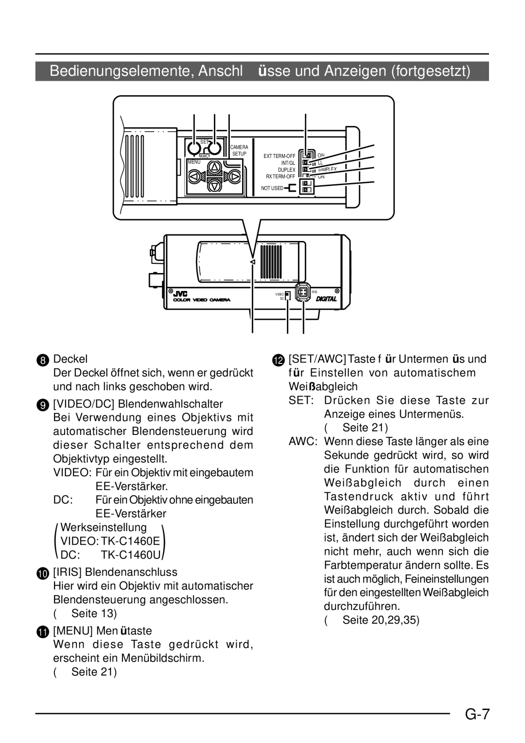 JVC TK-C1460 Bedienungselemente, Anschlü sse und Anzeigen fortgesetzt, Deckel, Iris Blendenanschluss, Menu Menü taste 