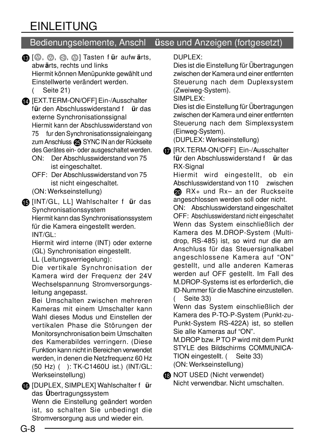 JVC TK-C1460 manual 13 , , , Tasten fü r aufwä rts, abwä rts, rechts und links, LL Leitungsverriegelung 