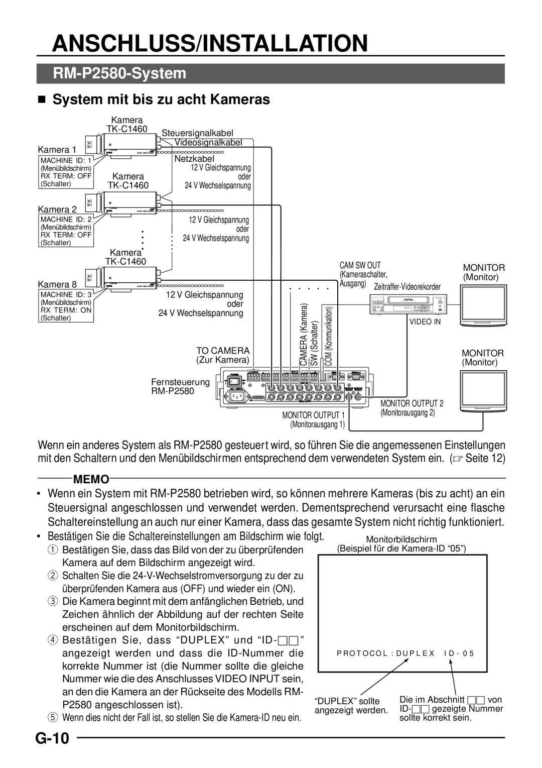 JVC TK-C1460 manual Anschluss/Installation, RM-P2580-System,  System mit bis zu acht Kameras 