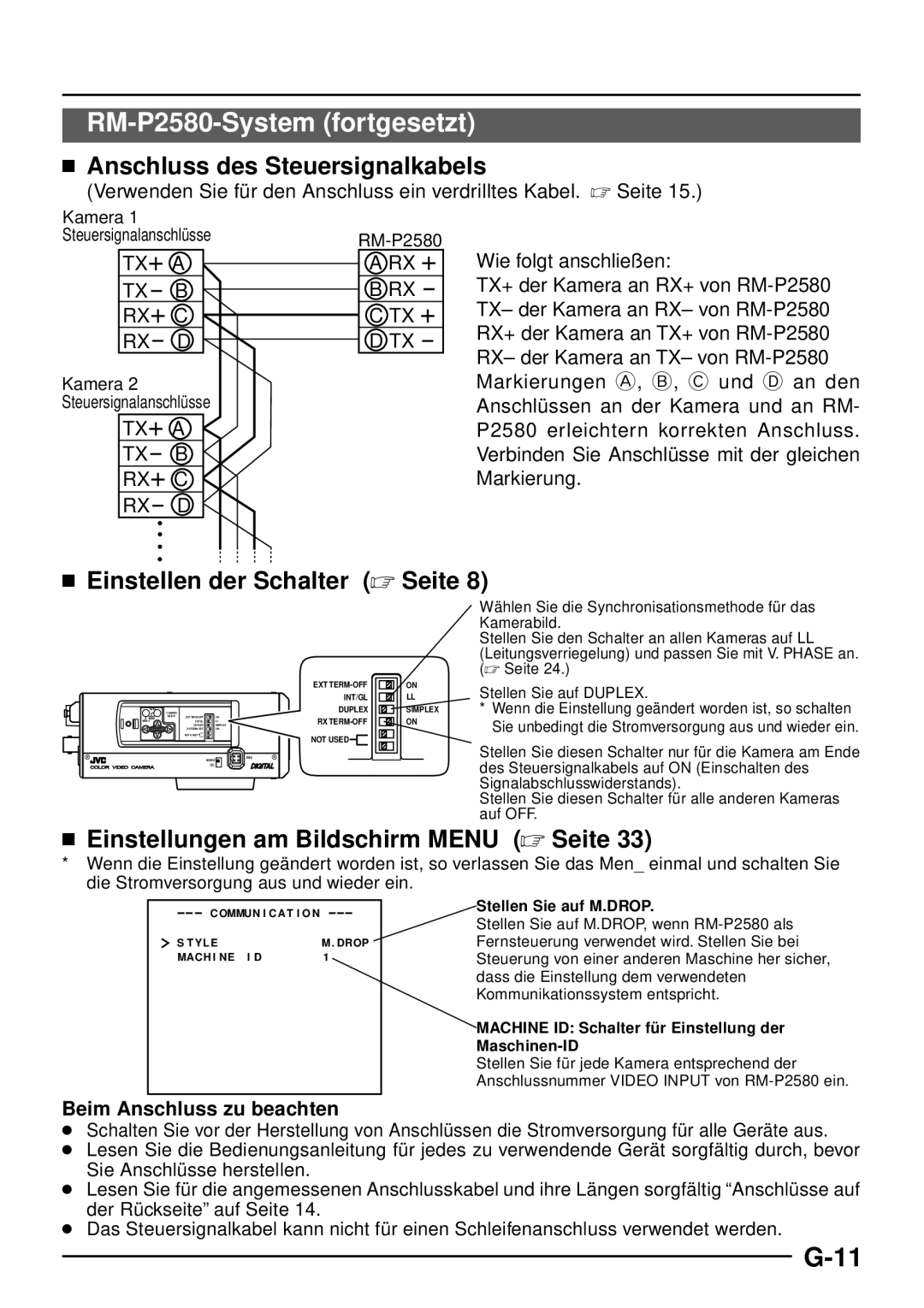 JVC TK-C1460 manual RM-P2580-System fortgesetzt,  Anschluss des Steuersignalkabels,  Einstellen der Schalter  Seite 