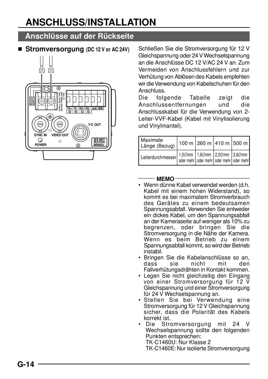 JVC TK-C1460 manual Anschlü sse auf der Rü ckseite, Bringen Sie die Kabelanschlüsse so an,  Stromversorgung DC 12 V or AC 