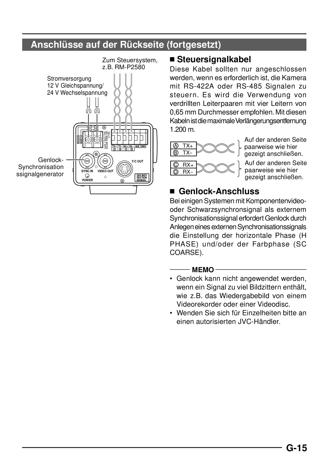 JVC TK-C1460 manual Anschlü sse auf der Rü ckseite fortgesetzt,  Steuersignalkabel,  Genlock-Anschluss, 200 m 