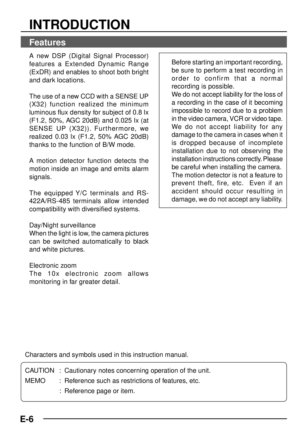 JVC TK-C1460 manual Introduction, Features, Memo,  Reference page or item, Reference such as restrictions of features, etc 