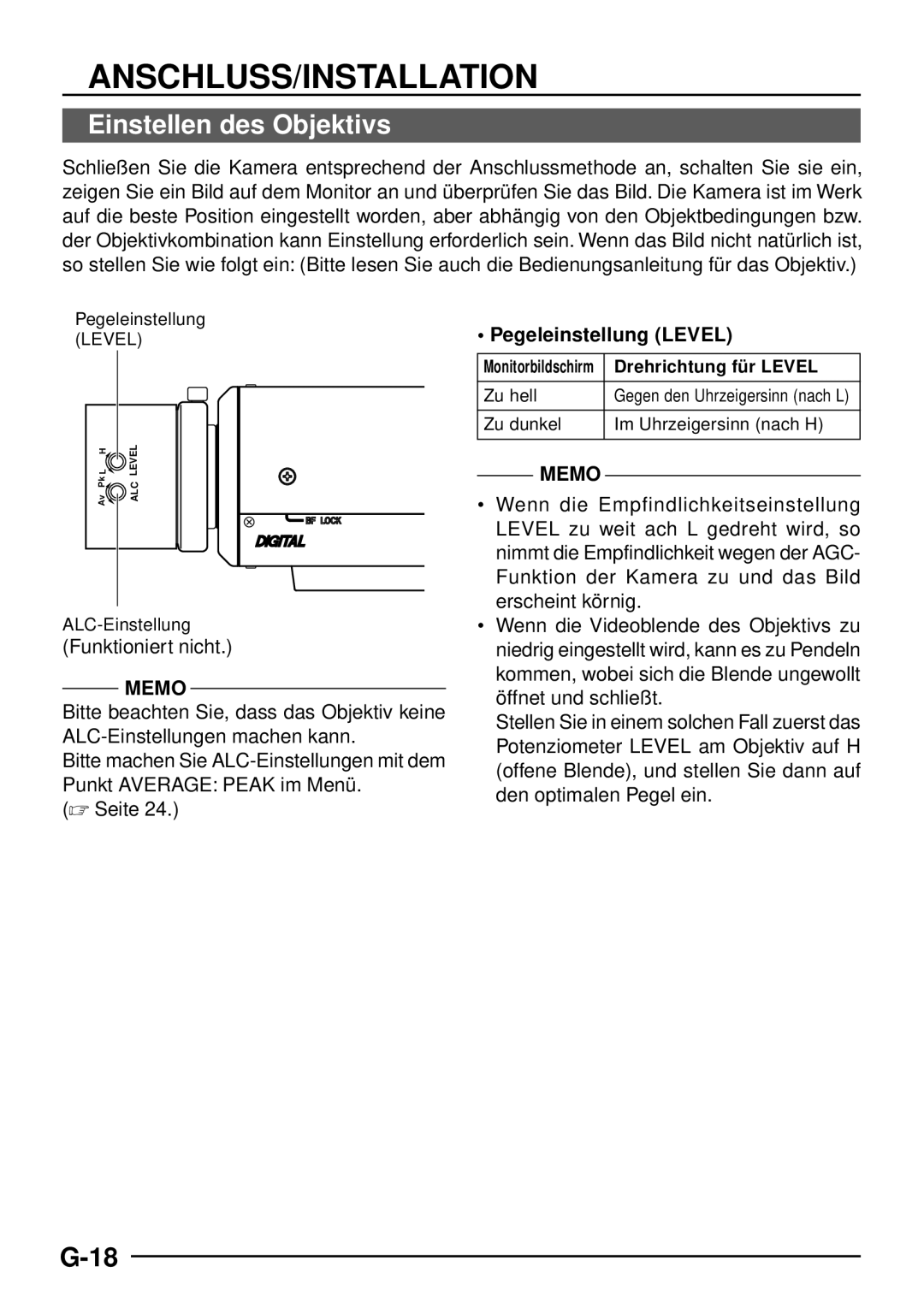 JVC TK-C1460 manual Einstellen des Objektivs, Funktioniert nicht, Pegeleinstellung Level, Drehrichtung fü r Level 