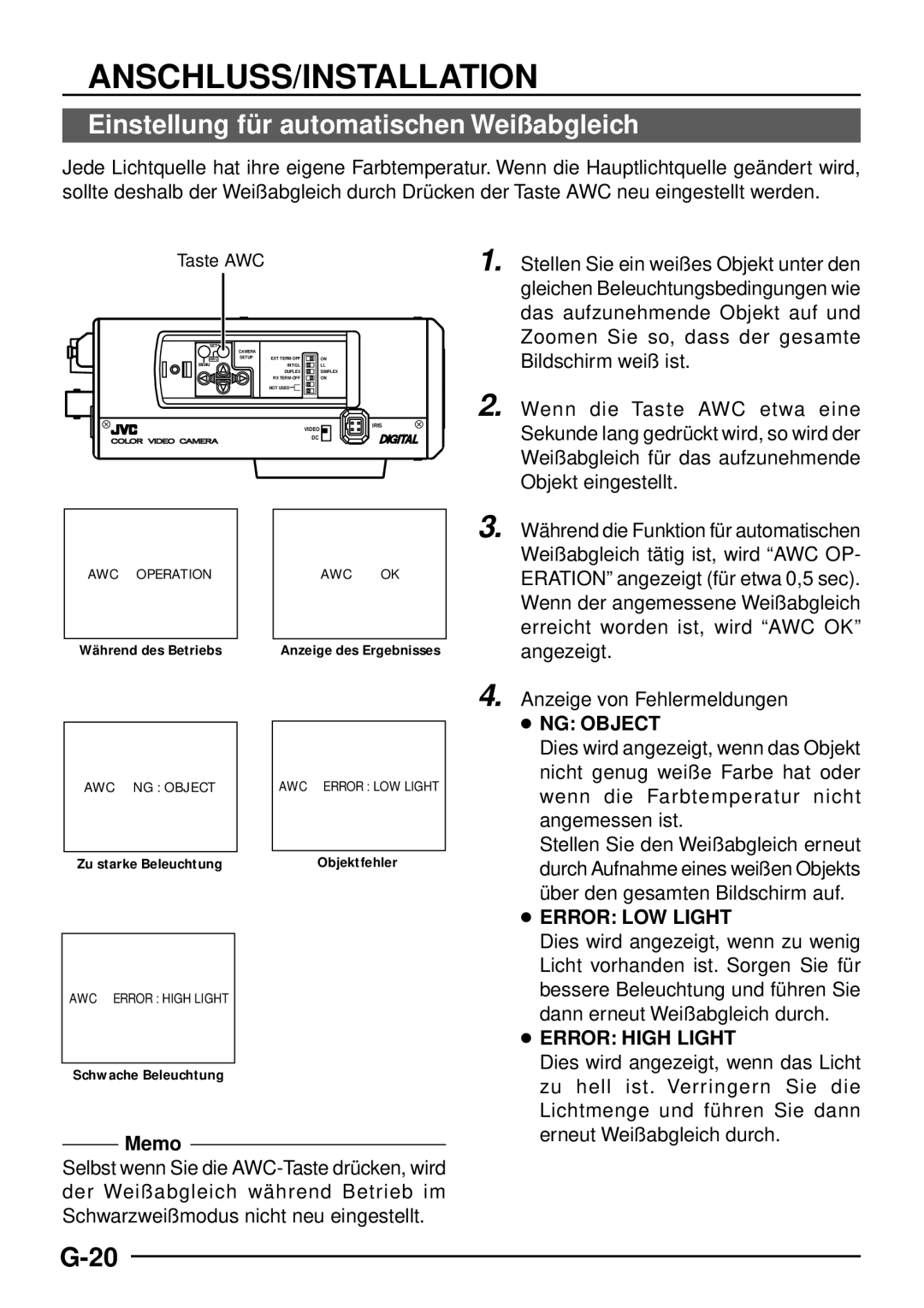 JVC TK-C1460 manual Einstellung fü r automatischen Weißabgleich, Memo 