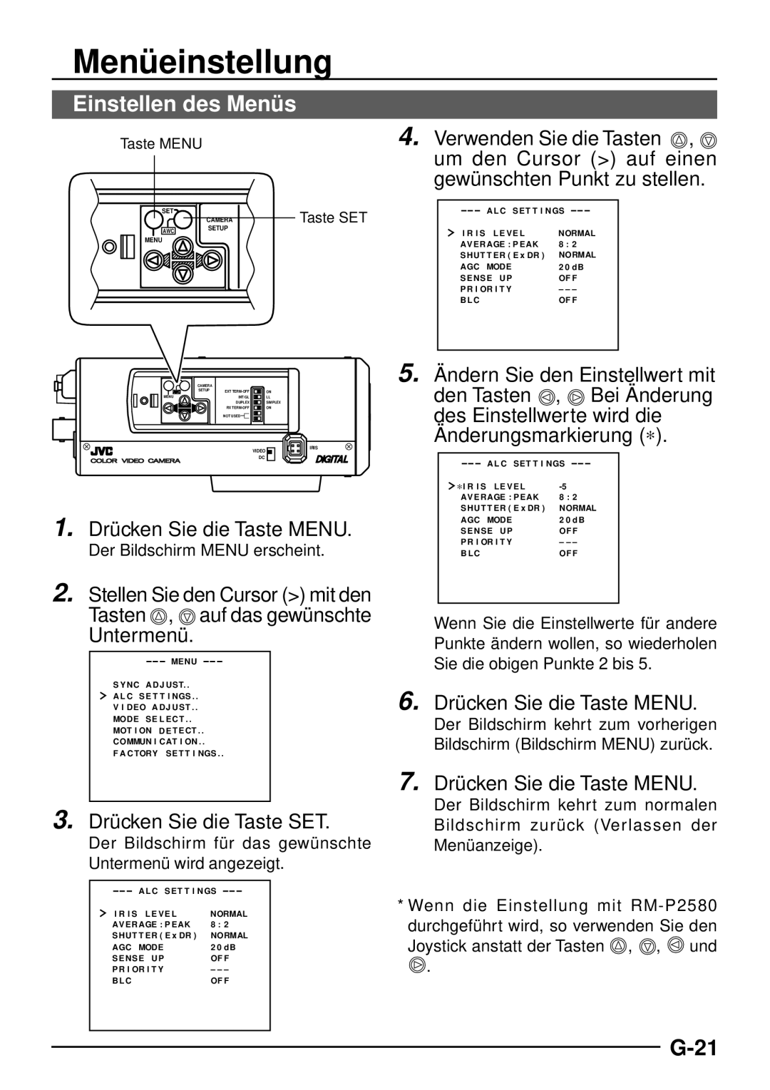 JVC TK-C1460 manual Einstellen des Menüs 