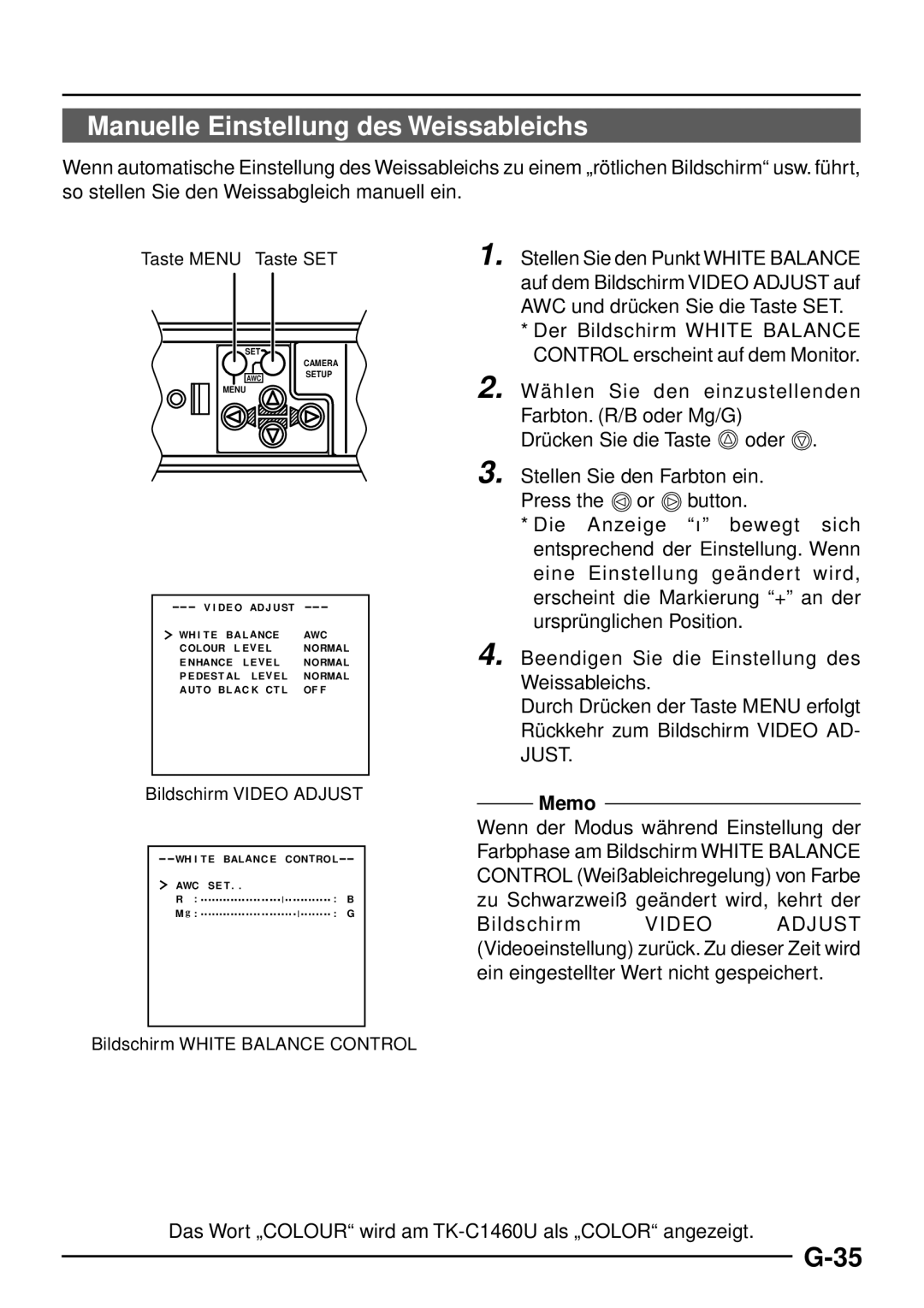 JVC TK-C1460 manual Manuelle Einstellung des Weissableichs, Bildschirm Video Adjust 