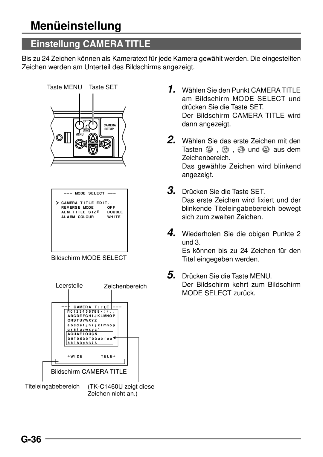 JVC TK-C1460 manual Einstellung Camera Title, Bildschirm Mode Select, Leerstelle 