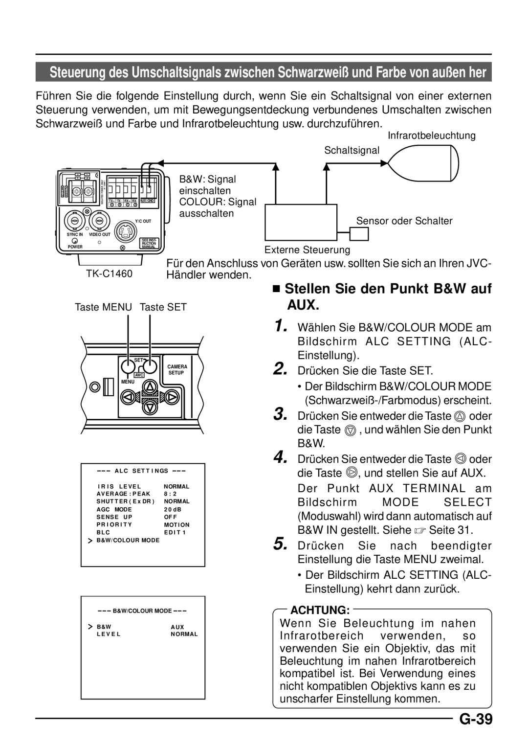 JVC TK-C1460 manual  Stellen Sie den Punkt B&W auf AUX, Infrarotbeleuchtung Schaltsignal 