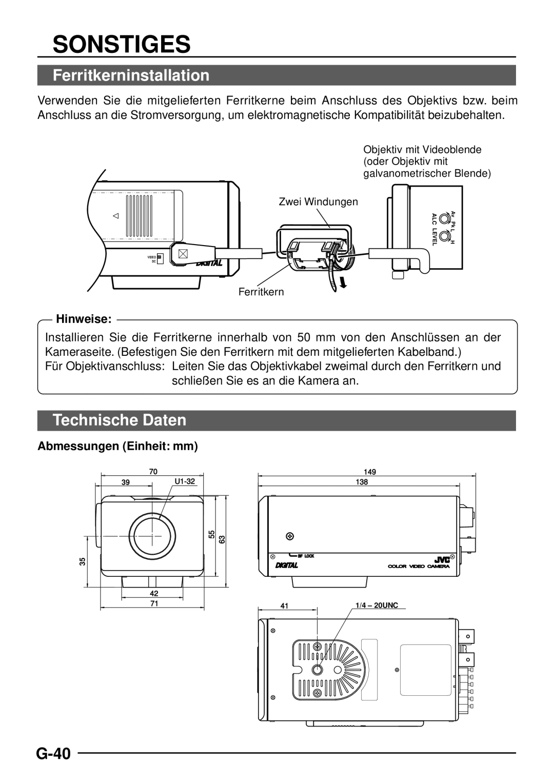 JVC TK-C1460 manual Sonstiges, Ferritkerninstallation, Technische Daten, Hinweise, Abmessungen Einheit mm 