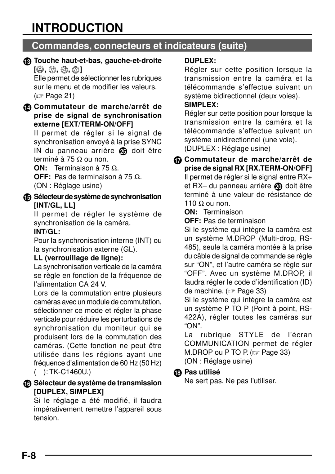 JVC TK-C1460 Touche haut-et-bas, gauche-et-droite, 15 Sélecteur de système de synchronisation INT/GL, LL, Pas utilisé 