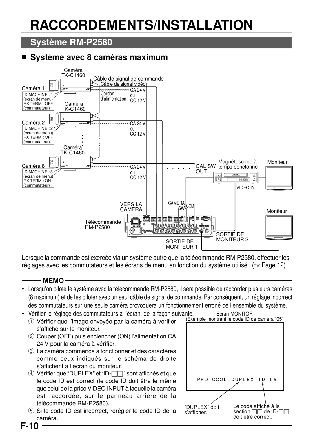 JVC TK-C1460 manual Raccordements/Installation, Systè me RM-P2580,  Systè me avec 8 camé ras maximum 