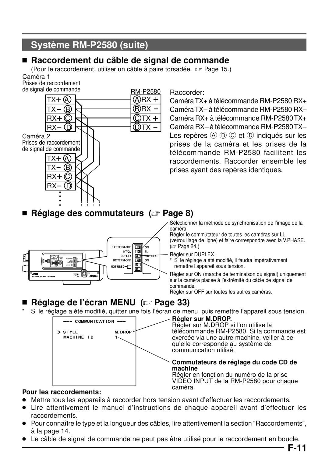 JVC TK-C1460 manual Systè me RM-P2580 suite,  Raccordement du câ ble de signal de commande,  Ré glage des commutateurs  