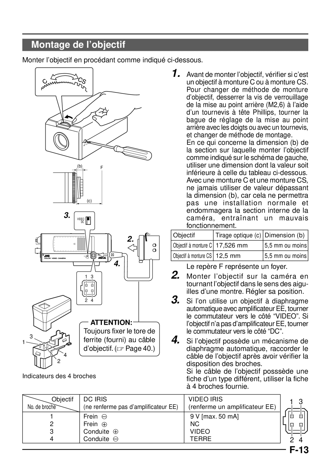 JVC TK-C1460 manual Montage de l’objectif, Monter l’objectif en procédant comme indiqué ci-dessous, Objectif 