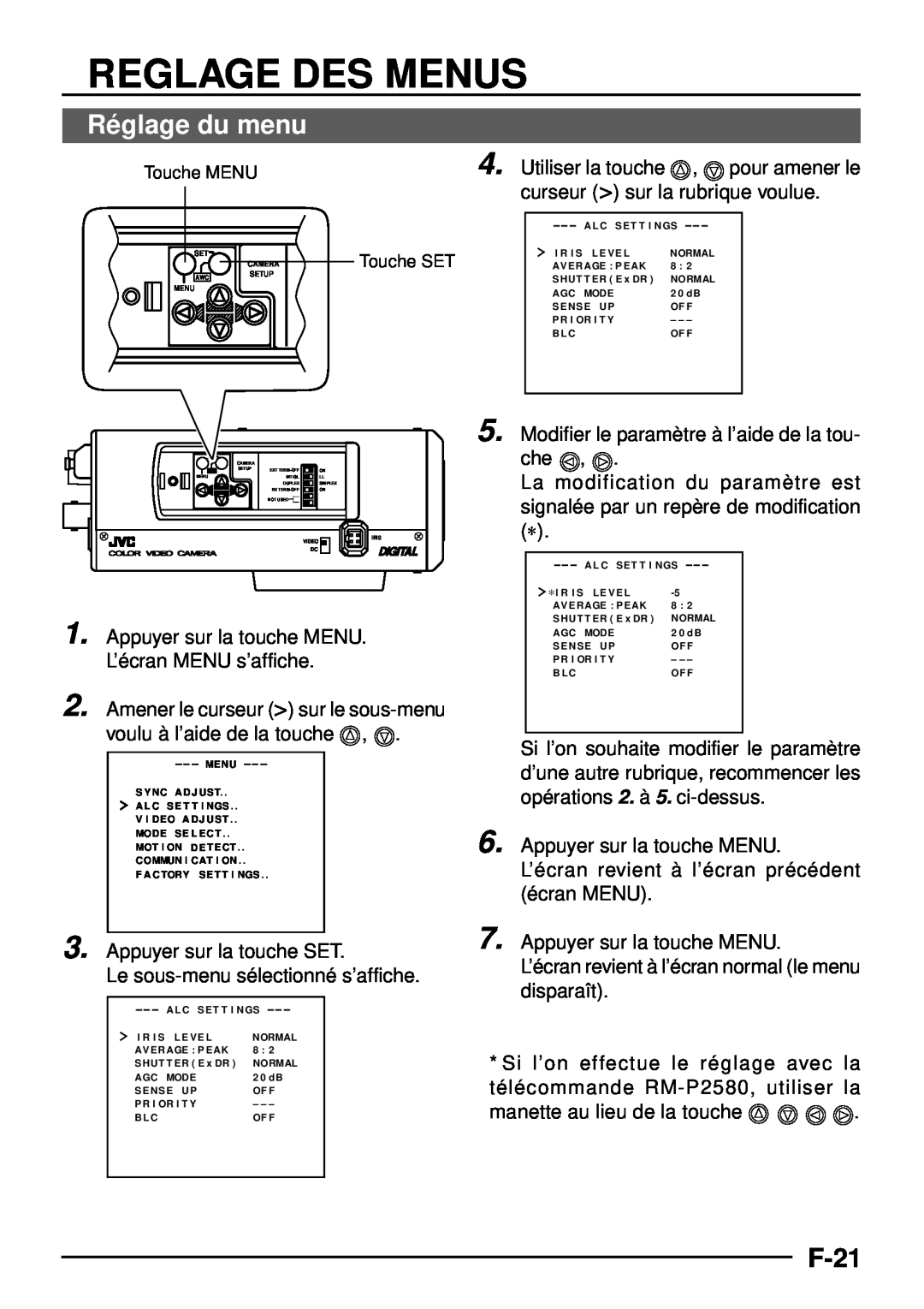 JVC TK-C1460 manual Reglage Des Menus, Réglage du menu, F-21 