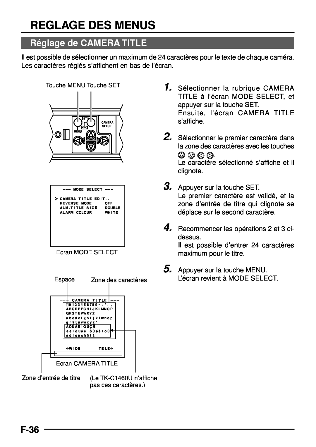 JVC TK-C1460 manual Ré glage de CAMERA TITLE, F-36, Reglage Des Menus 