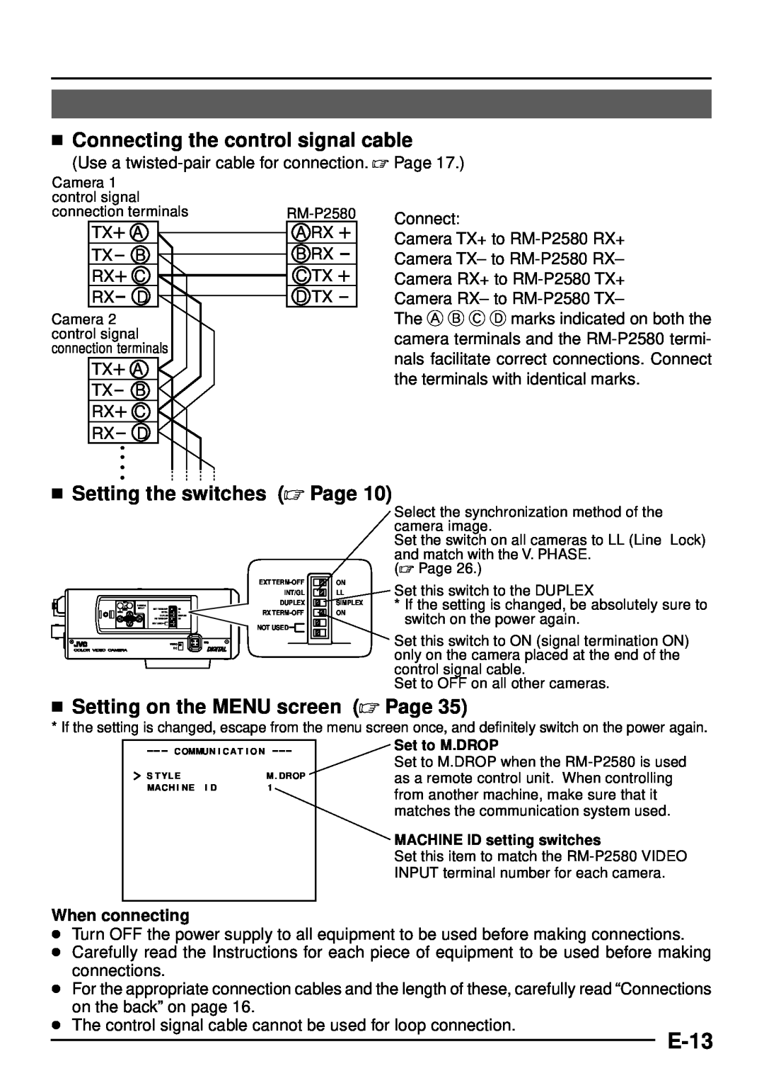 JVC TK-C1460 manual E-13,  Connecting the control signal cable,  Setting the switches , Page, When connecting 